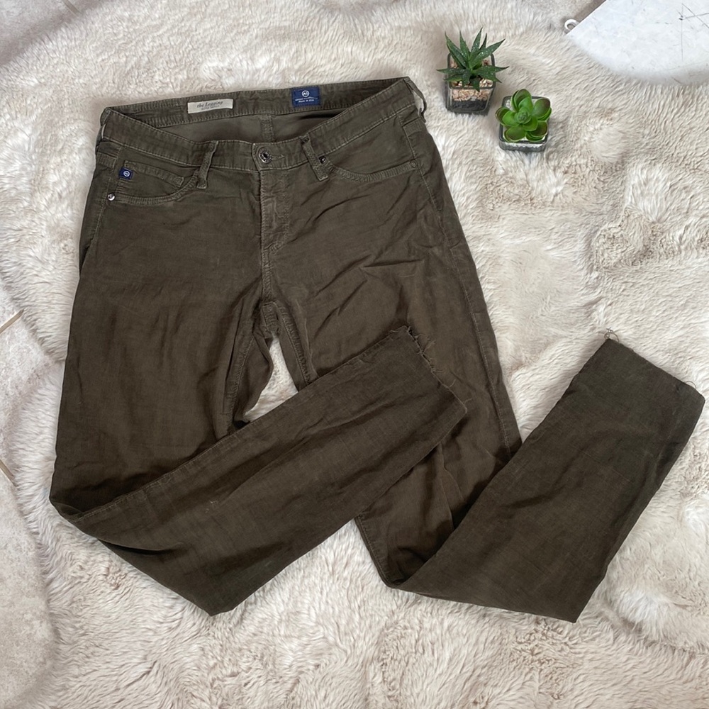 AG The Legging Super Skinny Olive Green Cropped Corduroy Pants Raw Hem Size 27 R
